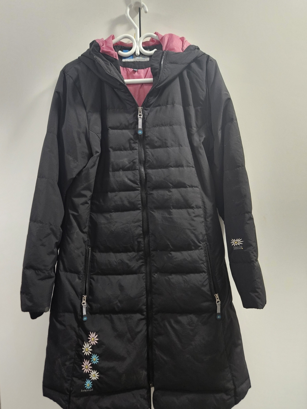 Skhoop Black Quilted Hooded Coat with Pink Lining and Floral Embroidery